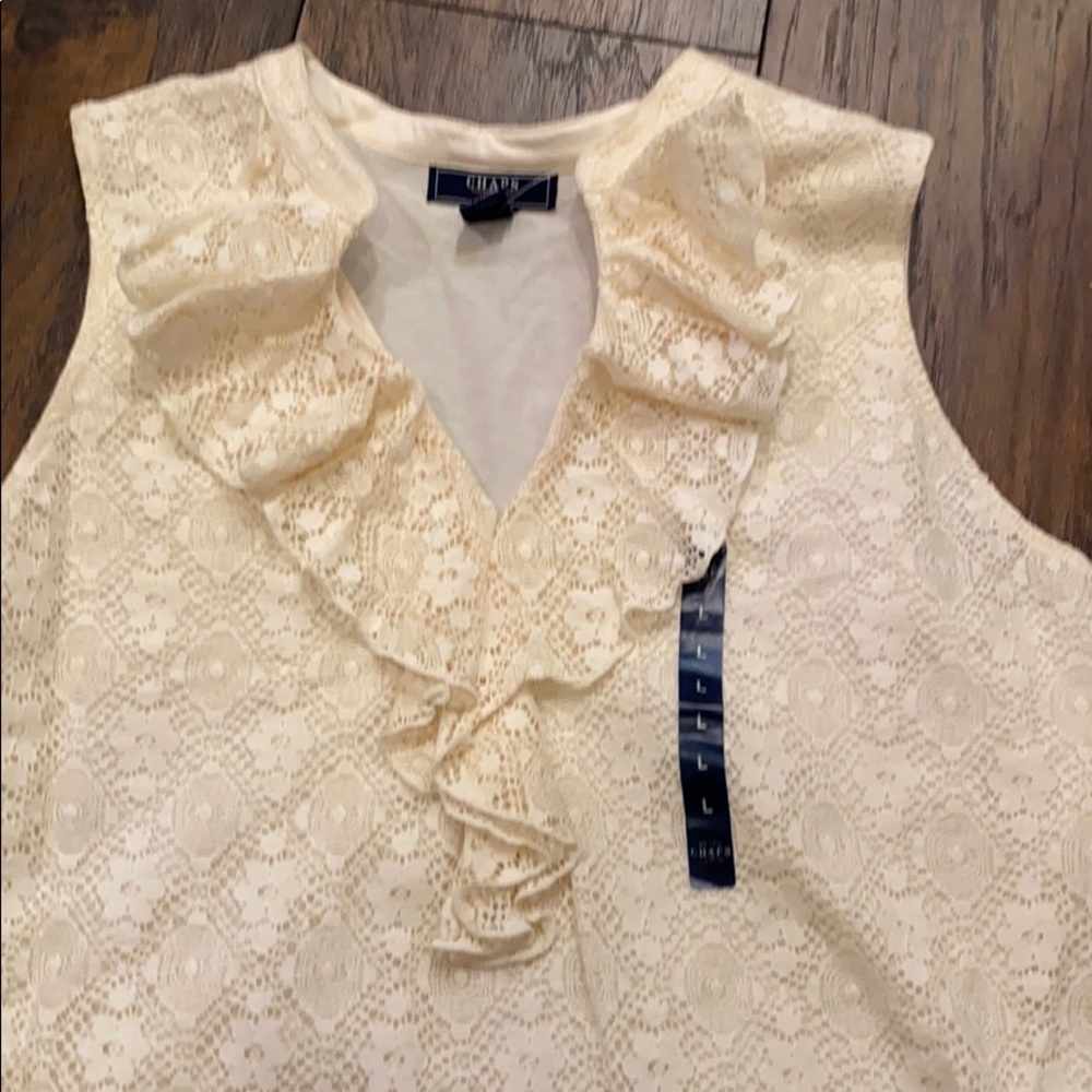 CHAPS Denim Lace Front Ruffle Sleeveless Top - Picture 2 of 6